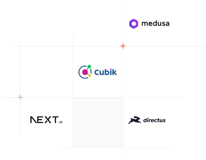 Complete Tech Stack - Medusa, Cubik, Next.js, Directus logos